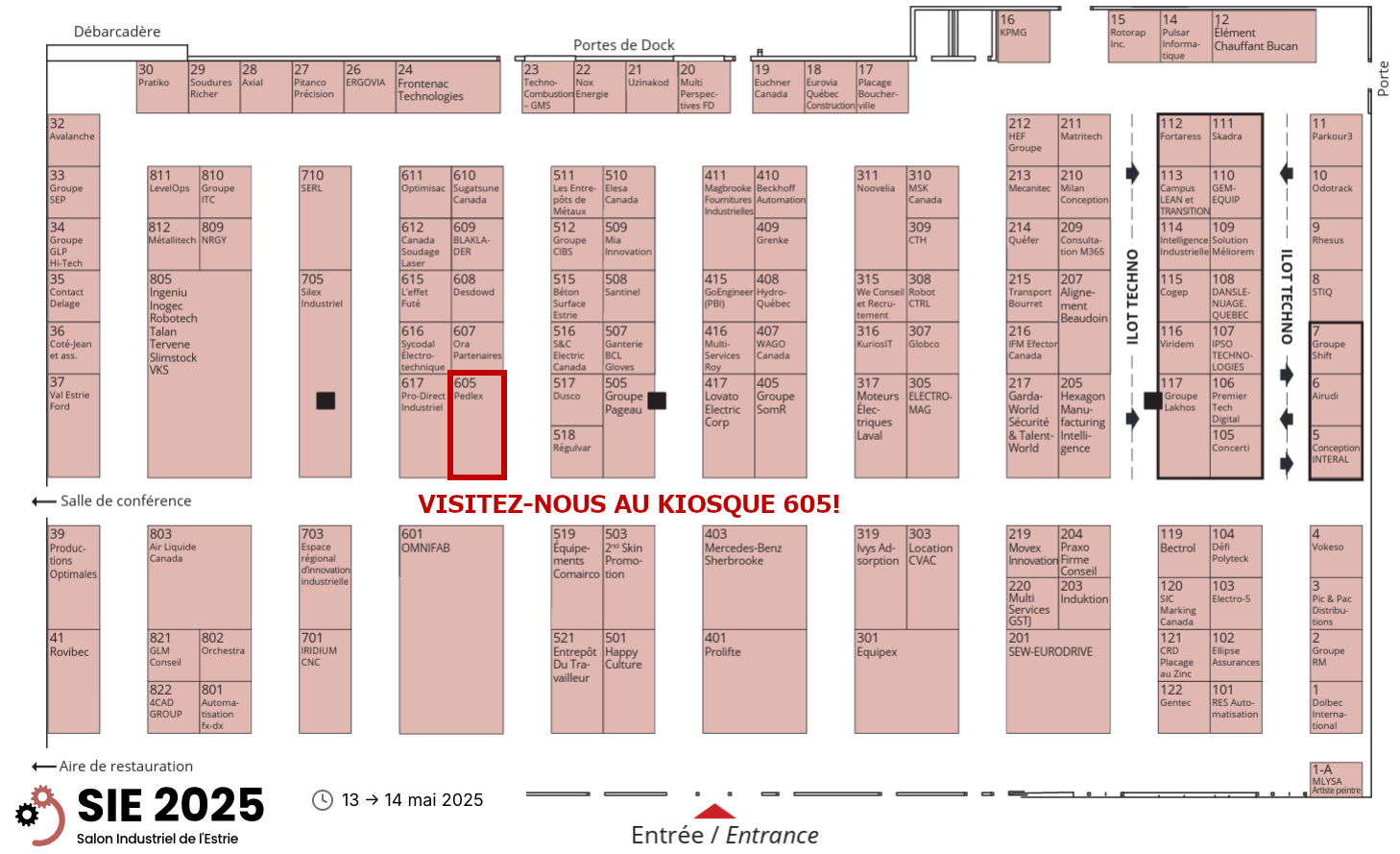 plan de salle salon industriels de lestrie 13 et 14 mai 2025 centre de foires de sherbrooke kiosque 605 Pedlex FR