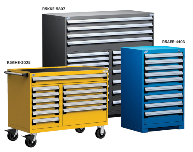 Heavy-duty industrial storage cabinets with multiple drawers, available in mobile and stationary configurations, designed for secure tool and equipment storage in industrial workspaces