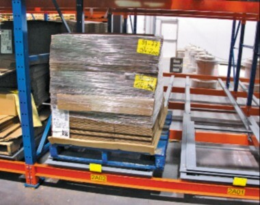 Rail inclinable d’un palettier à gravité inversée, voie de roulement du système push-back pour le déplacement des palettes en entrepôt