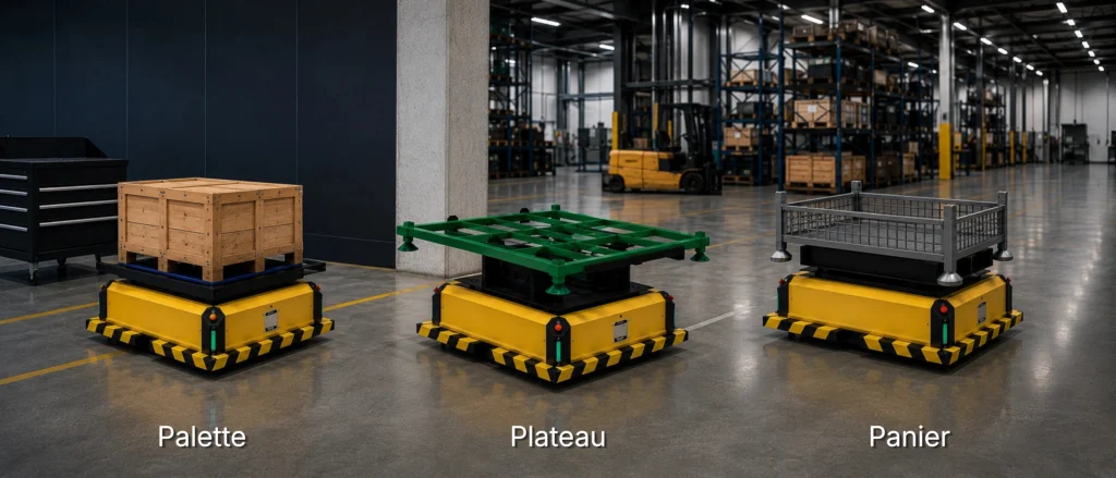 3 differentes configuration Pedlex RangerMan automatisation industriel Quebec Vehicule a guidage automatique Robot Entrepot Automated Guided Vehicles