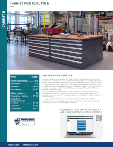1 Cabinet fixe robuste R G01-MR26_03_Cabinets Pedlex Rousseau metal brochure catalogue_ - Pedlex Factory workshop with a large grey fixed tool cabinet and a wooden workbench; machinery in the background.